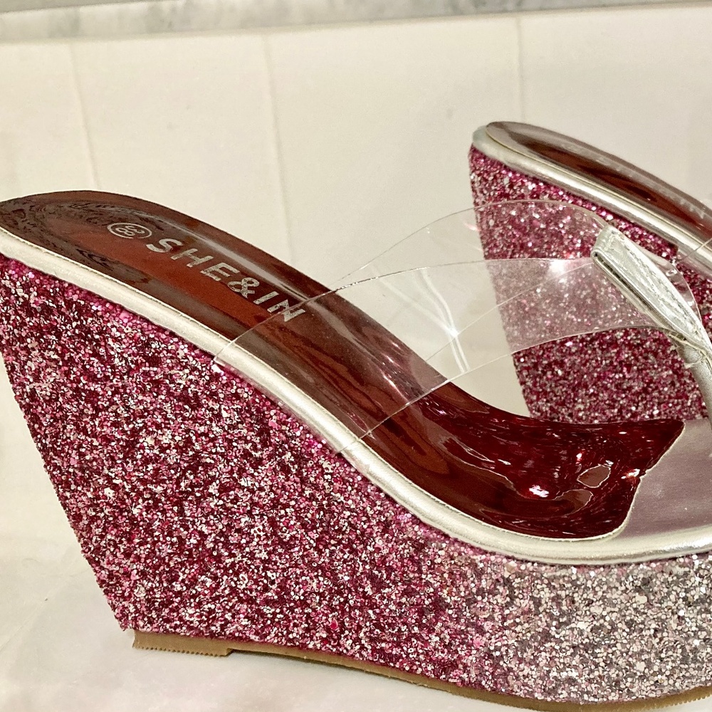 Clear Strap Pink Ombre Glitter Platform Heels NWOT